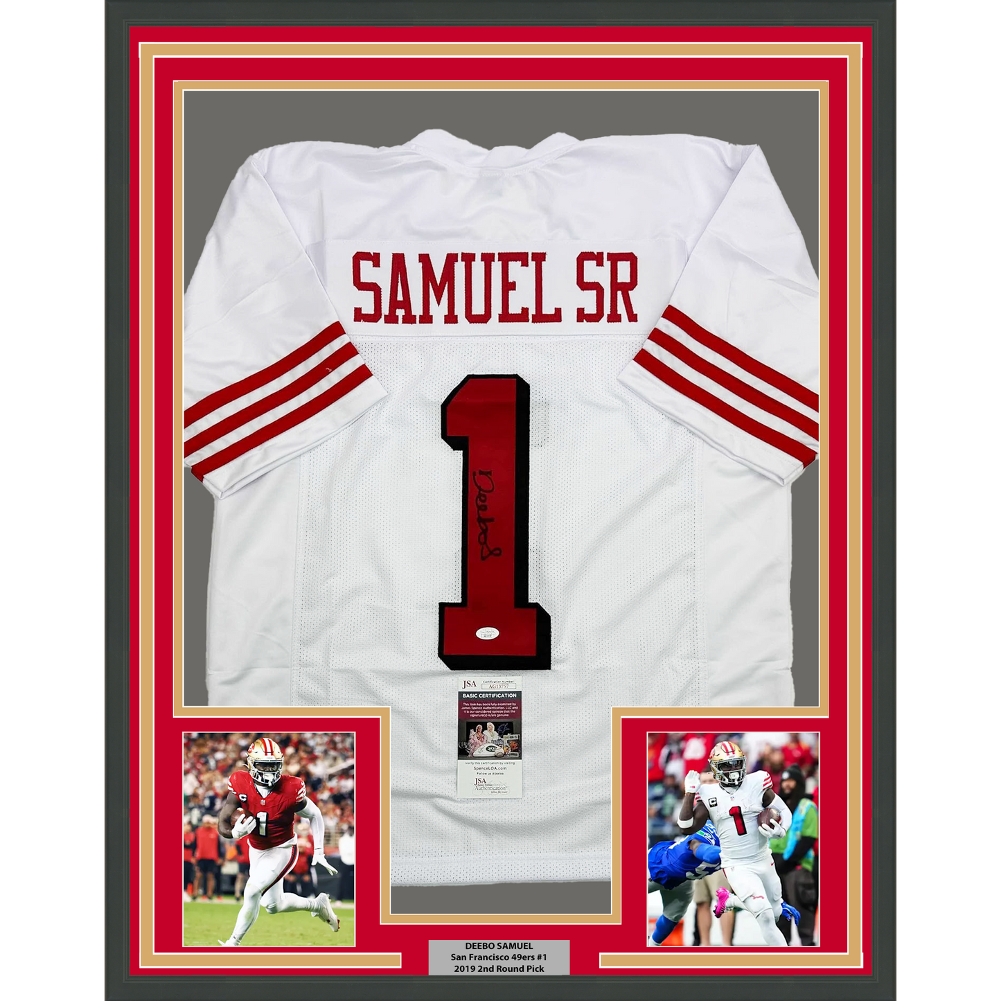 Framed Autographed/Signed Deebo Samuel Sr. #1 35x39 San Francisco White Alternate Football Jersey JSA COA