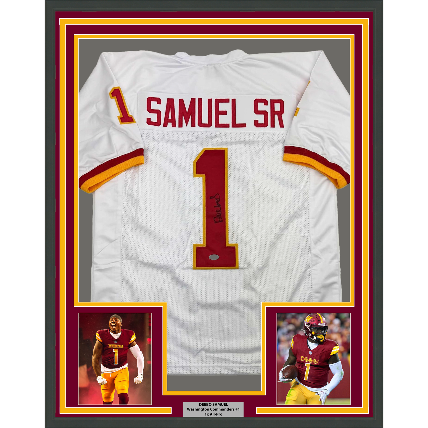 Framed Autographed/Signed Deebo Samuel 35x39 Washington White Football Jersey JSA COA