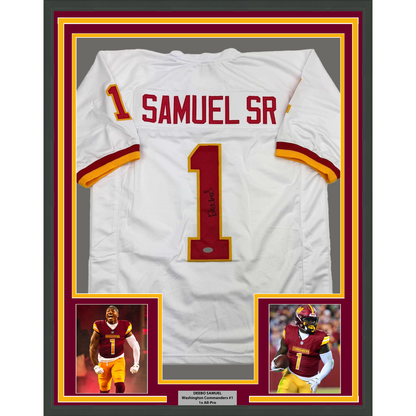 Framed Autographed/Signed Deebo Samuel 35x39 Washington White Football Jersey JSA COA