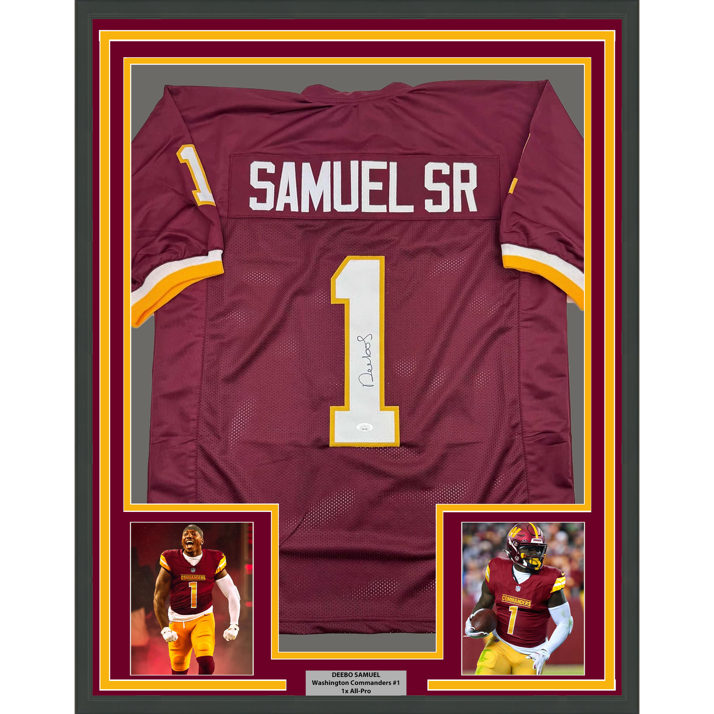 Framed Autographed/Signed Deebo Samuel 35x39 Washington Burgundy Football Jersey JSA COA
