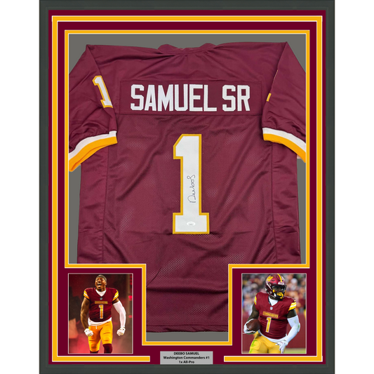 Framed Autographed/Signed Deebo Samuel 35x39 Washington Burgundy Football Jersey JSA COA