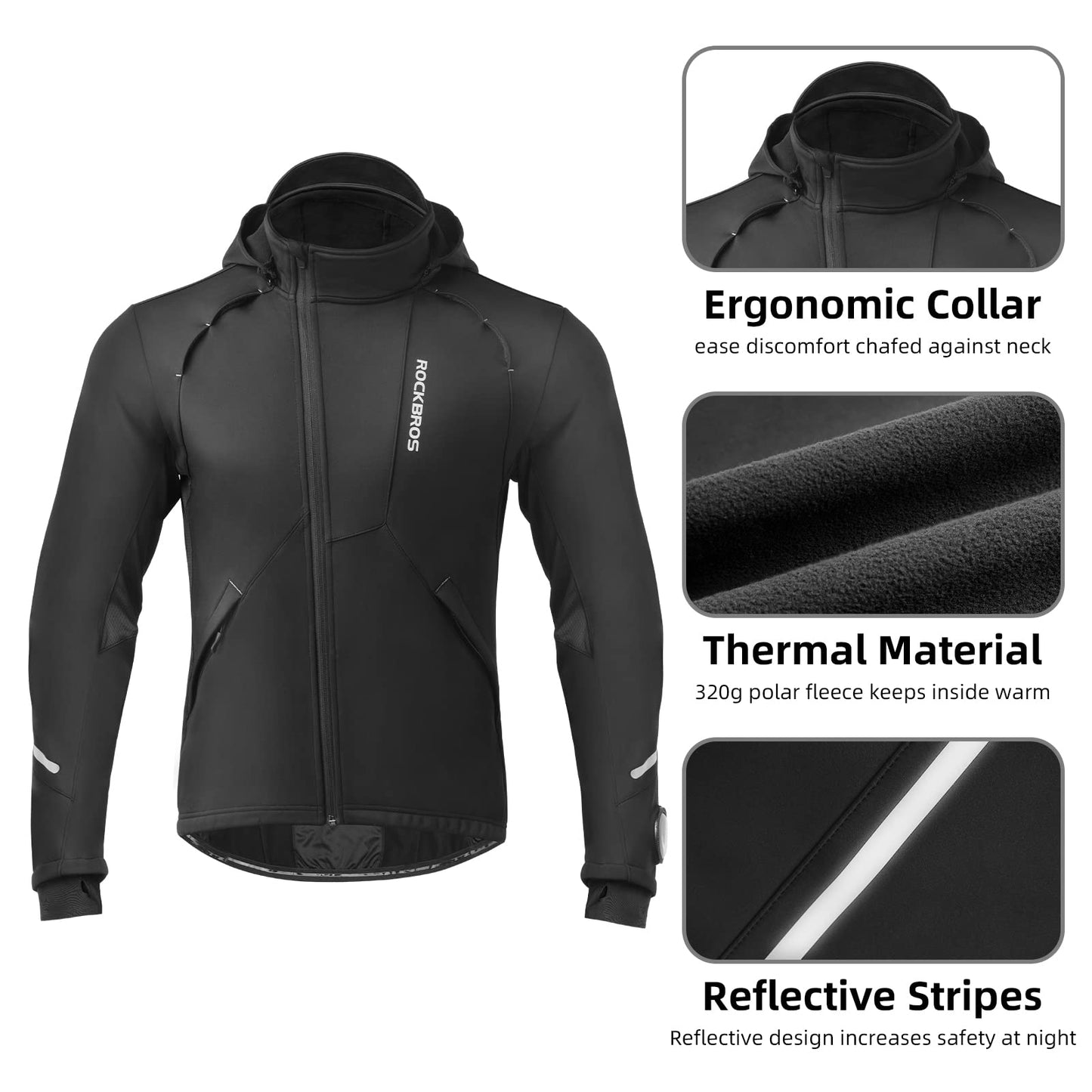 ROCKBROS Men's Winter Cycling Jacket for 5–32°F Thermal Windproof for Biking, Running, Hiking