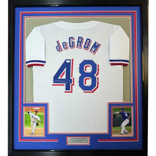 Framed Autographed/Signed Jacob DeGrom 35x39 Texas White Baseball Jersey JSA COA