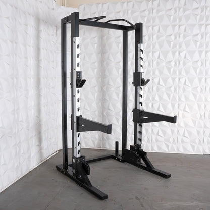 Deluxe Half Rack - Muscle D Fitness - Heavy Duty - Adjustable Safety Bars - Pull Up - Vertical Olympic Bar Storage