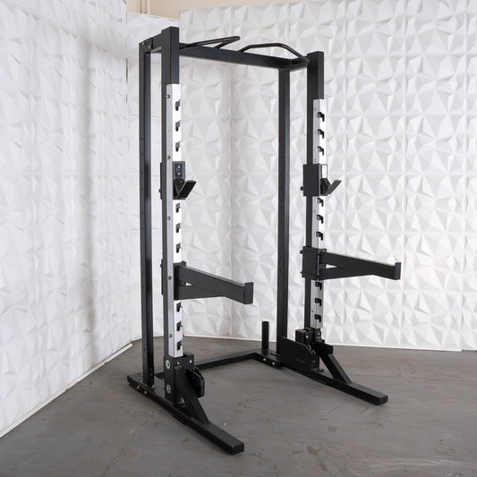 Deluxe Half Rack - Muscle D Fitness - Heavy Duty - Adjustable Safety Bars - Pull Up - Vertical Olympic Bar Storage