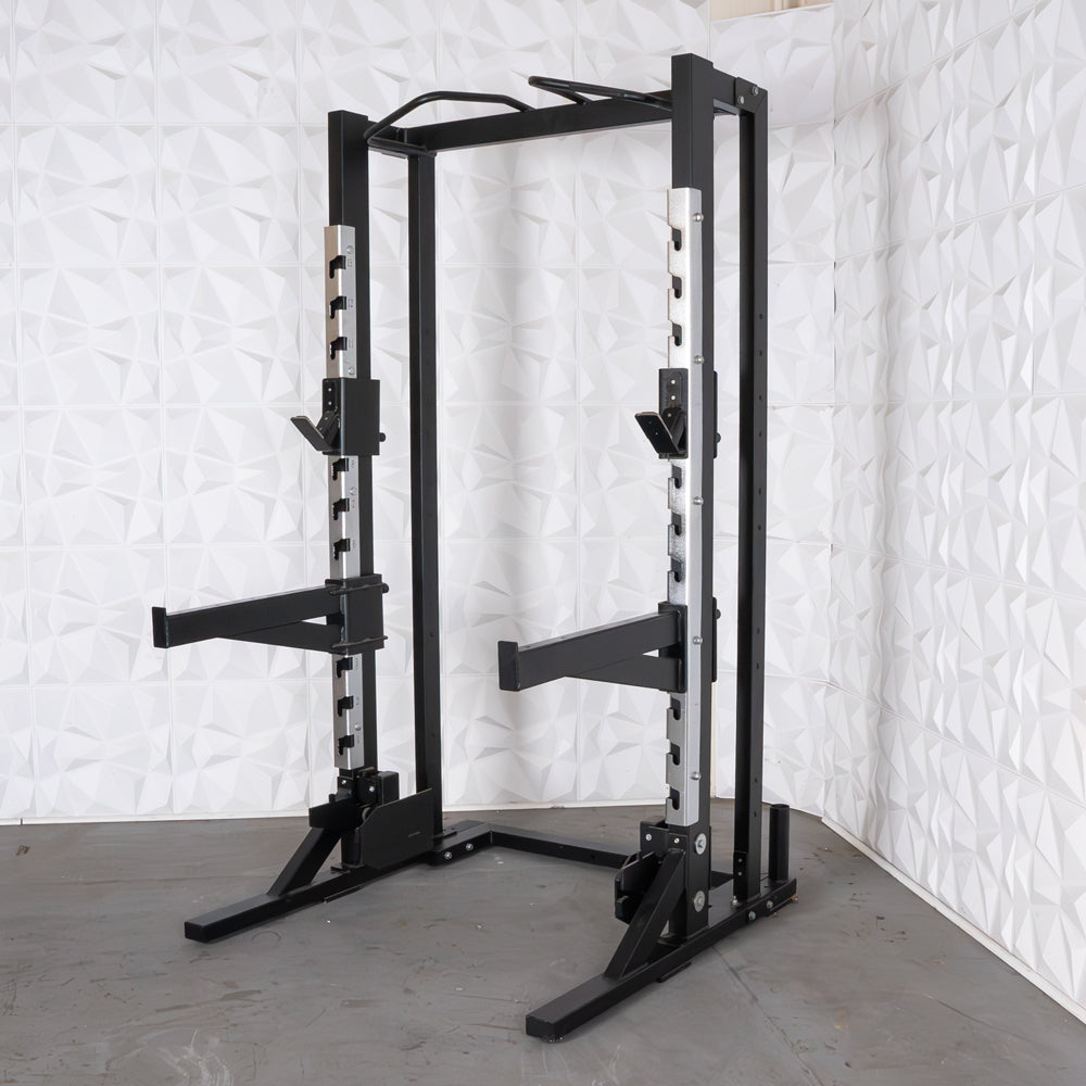 Deluxe Half Rack - Muscle D Fitness - Heavy Duty - Adjustable Safety Bars - Pull Up - Vertical Olympic Bar Storage