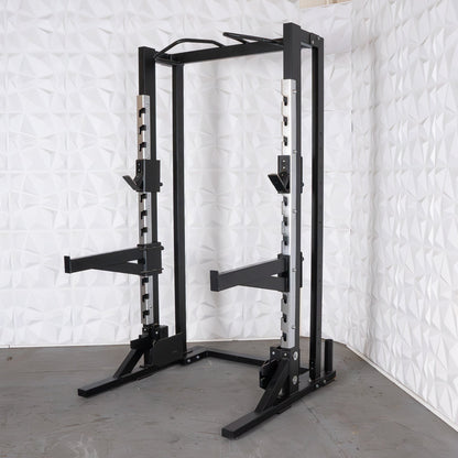 Deluxe Half Rack - Muscle D Fitness - Heavy Duty - Adjustable Safety Bars - Pull Up - Vertical Olympic Bar Storage