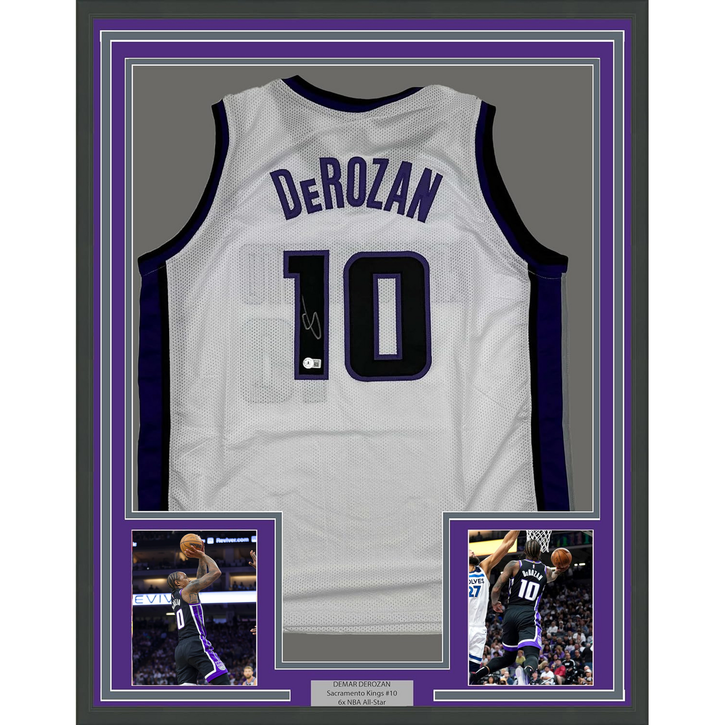 FramedAutographed/Signed DeMar DeRozan 35x39 Sacramento White Basketball Jersey Beckett BAS COA