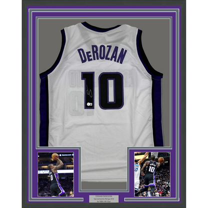 FramedAutographed/Signed DeMar DeRozan 35x39 Sacramento White Basketball Jersey Beckett BAS COA