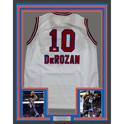 Framed Autographed/Signed DeMar DeRozan 35x39 Sacramento White Kansas City Retro Basketball Jersey Beckett BAS COA