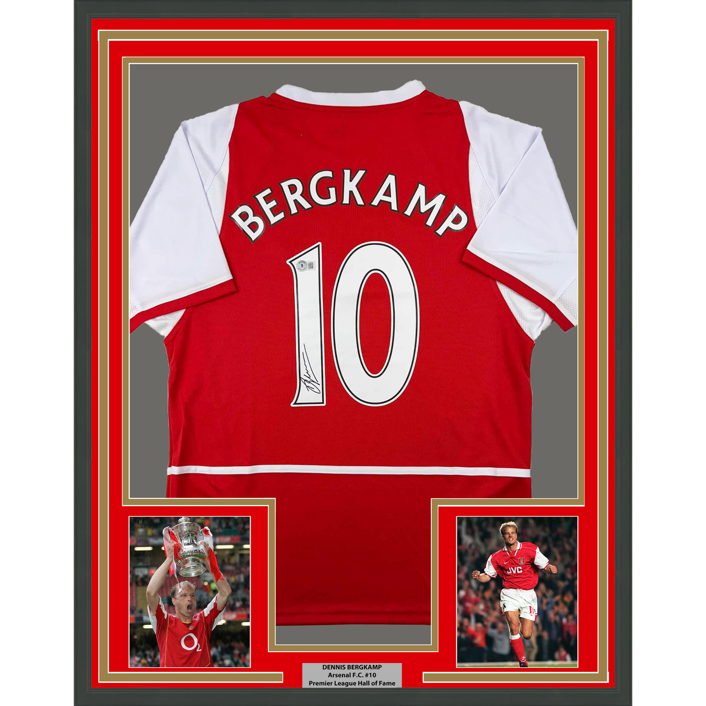 Framed Autographed/Signed Dennis Bergkamp 35x39 Arsenal Red Soccer Jersey Beckett BAS COA