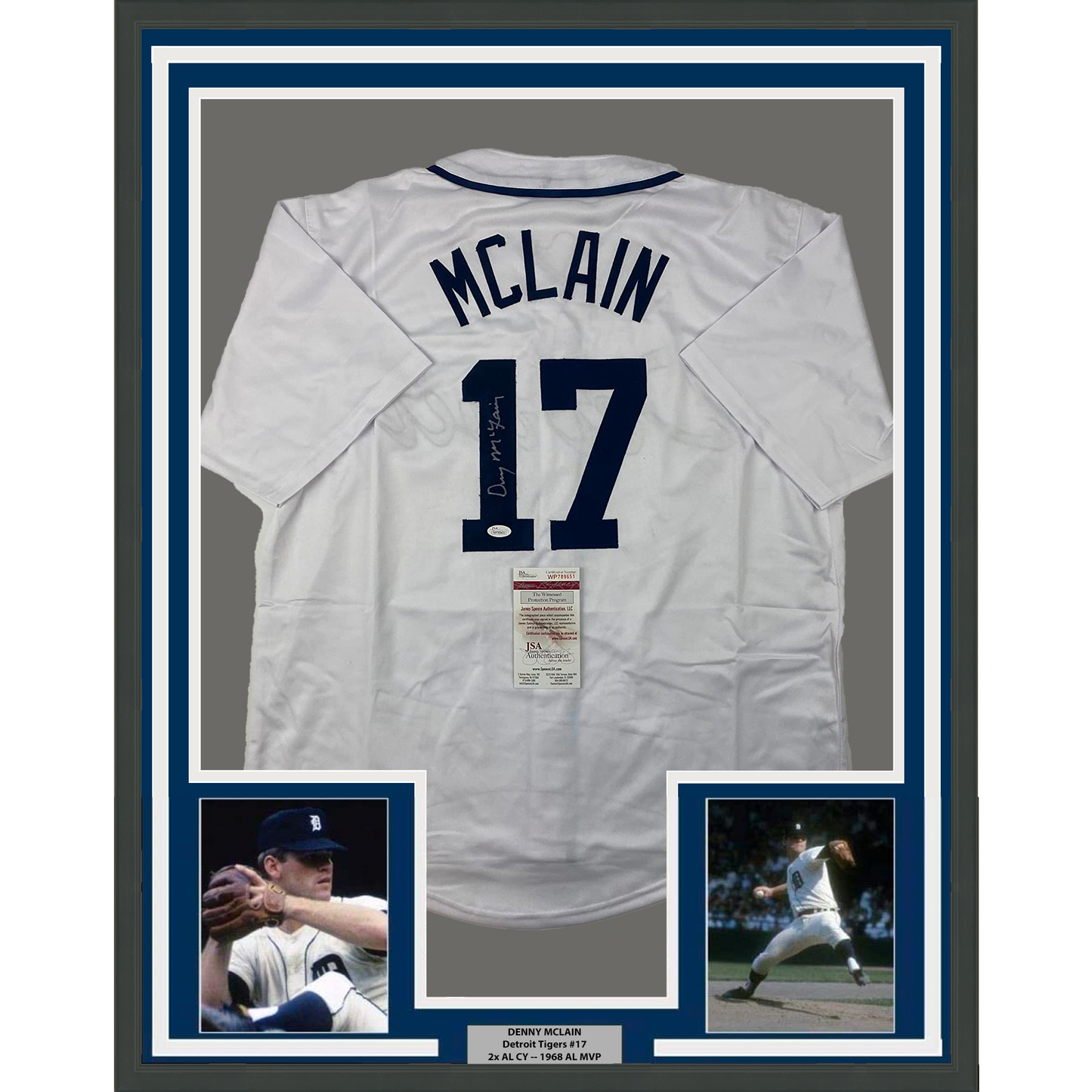 Framed Autographed/Signed Denny McLain 35x39 Detroit White Baseball Jersey JSA COA