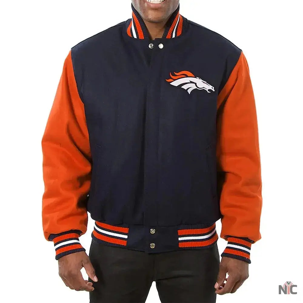 Denver Broncos Blue and Orange Varsity Orange Wool Jacket