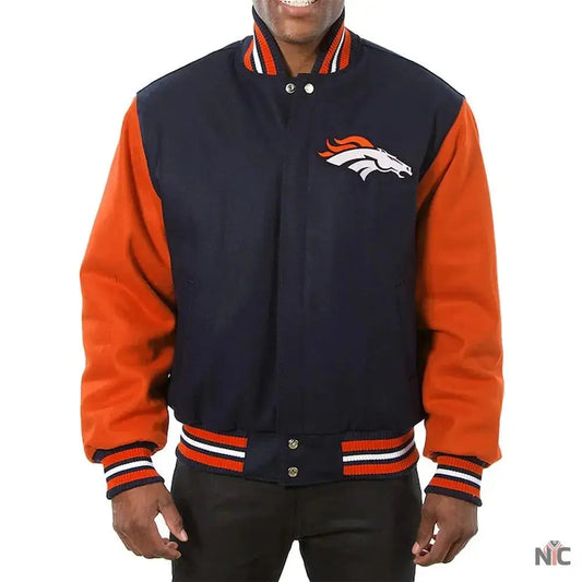 Denver Broncos Blue and Orange Varsity Orange Wool Jacket