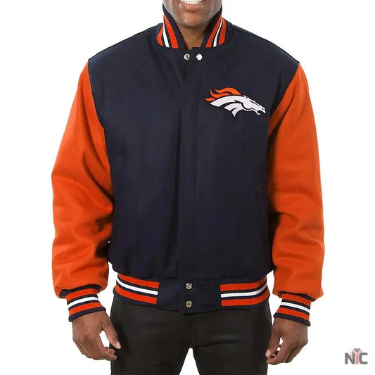 Denver Broncos Blue and Orange Varsity Orange Wool Jacket