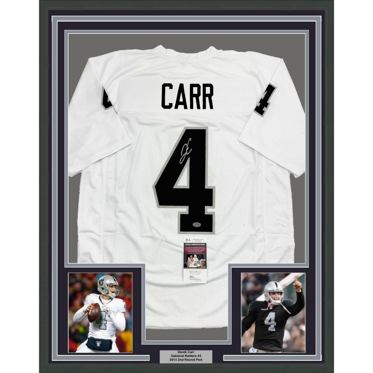 Framed Autographed/Signed Derek Carr 35x39 Las Vegas Oakland White Football Jersey JSA COA
