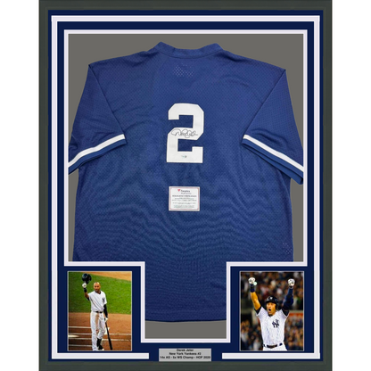 Framed Autographed/Signed Derek Jeter 35x39 New York Yankees Blue Mitchell & Ness Baseball Jersey Fanatics COA