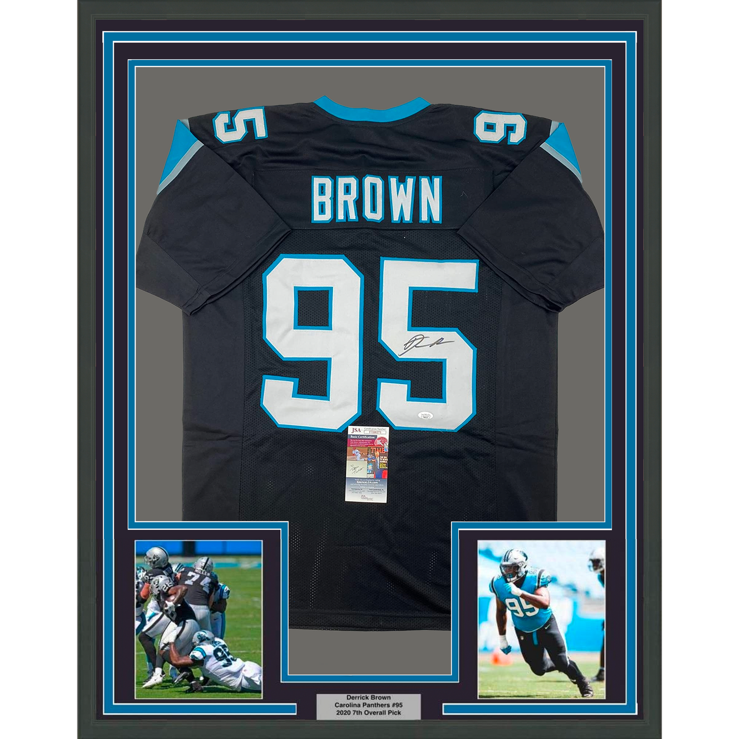 Framed Autographed/Signed Derrick Brown 35x39 Carolina Black Football Jersey JSA COA