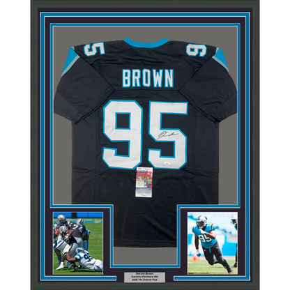 Framed Autographed/Signed Derrick Brown 35x39 Carolina Black Football Jersey JSA COA