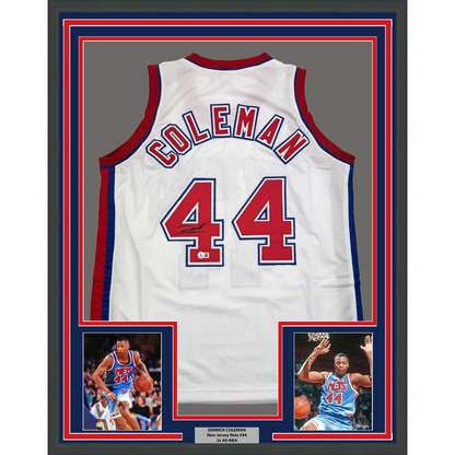 Framed Autographed/Signed Derrick Coleman 35x39 New Jersey NJ White Basketball Jersey Beckett BAS COA