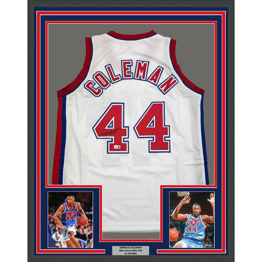 Framed Autographed/Signed Derrick Coleman 35x39 New Jersey NJ White Basketball Jersey Beckett BAS COA