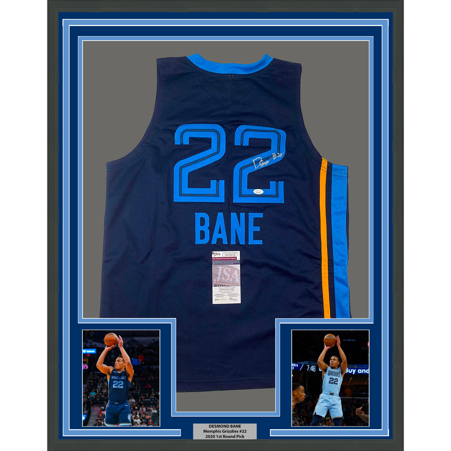 Framed Autographed/Signed Desmond Bane 35x39 Memphis Dark Blue Basketball Jersey JSA COA