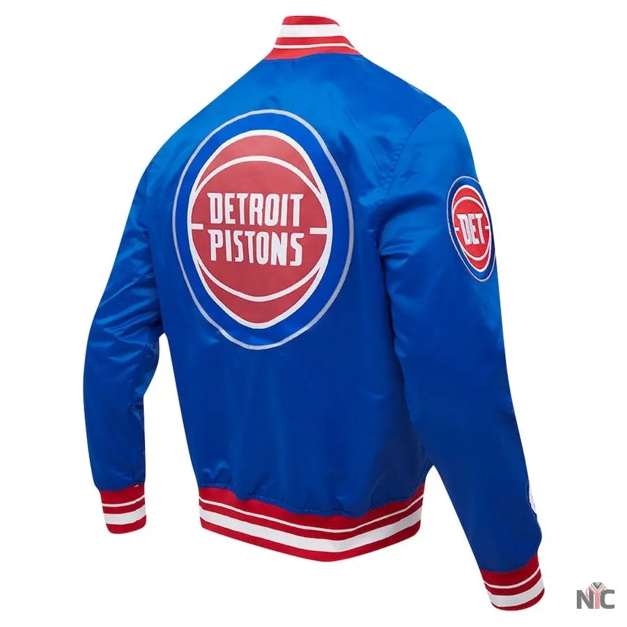 Detroit Pistons Script Tail Blue Satin Varsity Jacket