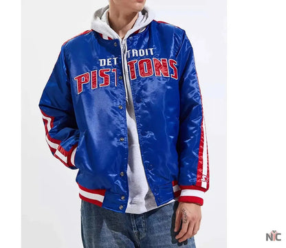 Detroit Pistons Striped Varsity Blue Satin Jacket