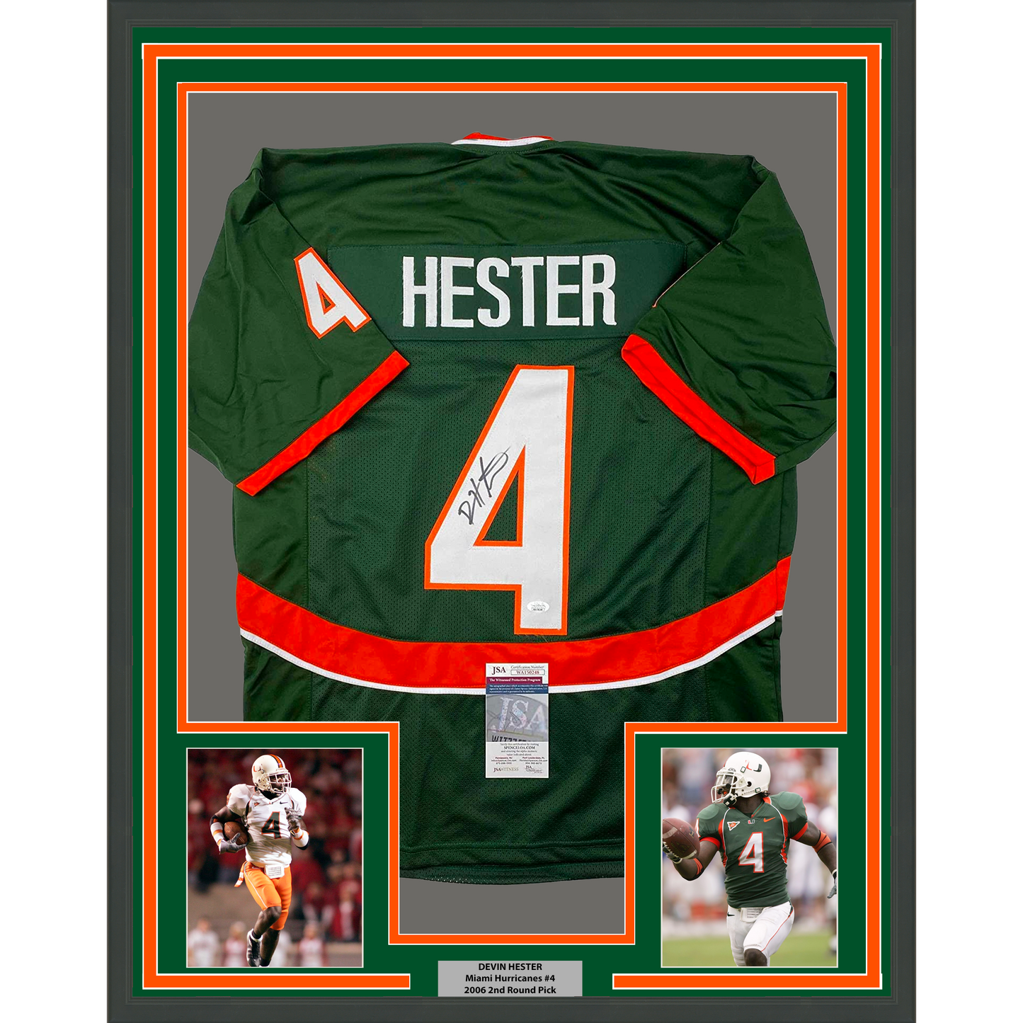 Framed Autographed/Signed Devin Hester 35x39 Miami Green College Football Jersey JSA COA