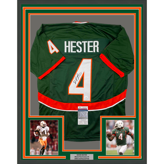 Framed Autographed/Signed Devin Hester 35x39 Miami Green College Football Jersey JSA COA