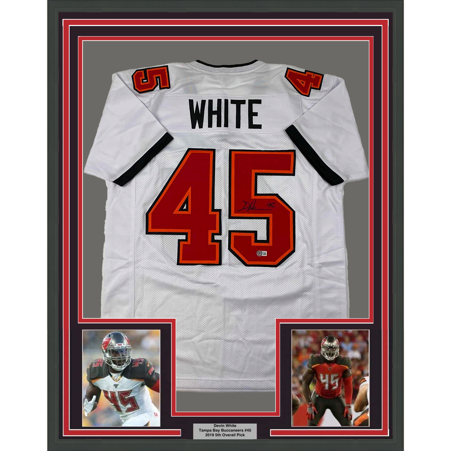 Framed Autographed/Signed Devin White 35x39 Tampa Bay White Football Jersey Beckett BAS COA