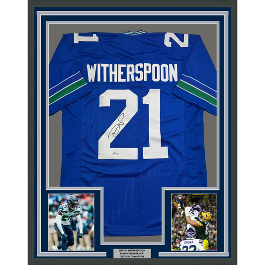 Framed Autographed/Signed Devon Witherspoon 35x39 Seattle Blue Retro Football Jersey Beckett BAS COA