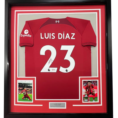 Framed Autographed/Signed Luis Diaz 35x39 Liverpool Red Soccer Jersey Beckett BAS COA