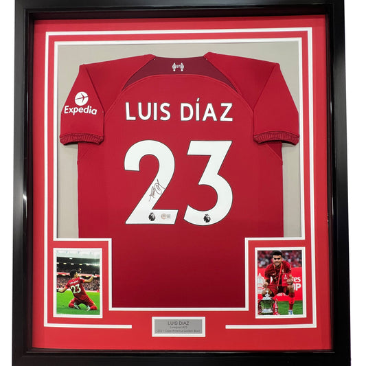 Framed Autographed/Signed Luis Diaz 35x39 Liverpool Red Soccer Jersey Beckett BAS COA
