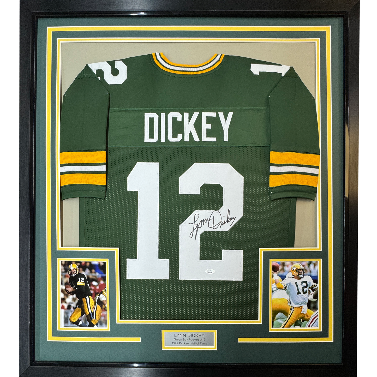 Framed Autographed/Signed Lynn Dickey 35x39 Green Bay Packers Green Football Jersey JSA COA