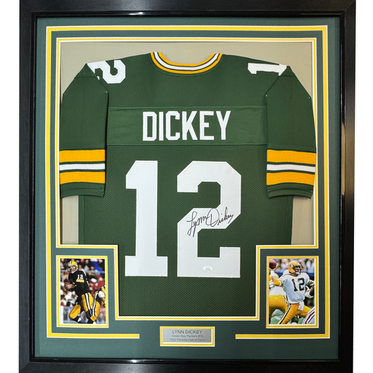 Framed Autographed/Signed Lynn Dickey 35x39 Green Bay Packers Green Football Jersey JSA COA