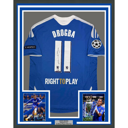 Framed Autographed/Signed Didier Drogba 35x39 Chelsea FC Blue Soccer Futbol Jersey Beckett BAS COA