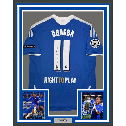Framed Autographed/Signed Didier Drogba 35x39 Chelsea FC Blue Soccer Futbol Jersey Beckett BAS COA
