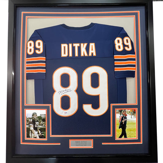 Framed Autographed/Signed Mike Ditka 35x39 Chicago Blue Football Jersey JSA COA