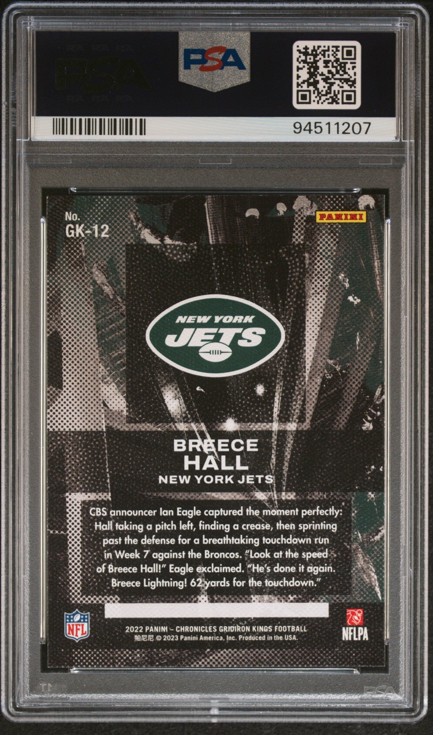 Graded 2022 Panini Chronicles Breece Hall #GK12 Gridiron Kings Rookie RC Football Card PSA 10 Gem Mint