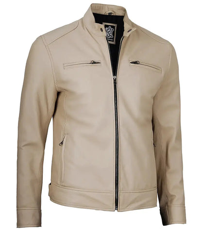 Dodge Men's Beige Leather Cafe Racer Jacket