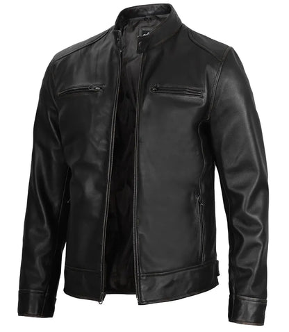 Dodge Men's Black Leather Cafe Racer Jacket