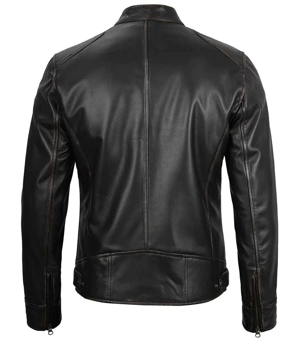 Dodge Men's Black Leather Cafe Racer Jacket