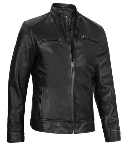 Dodge Men's Black Leather Cafe Racer Jacket