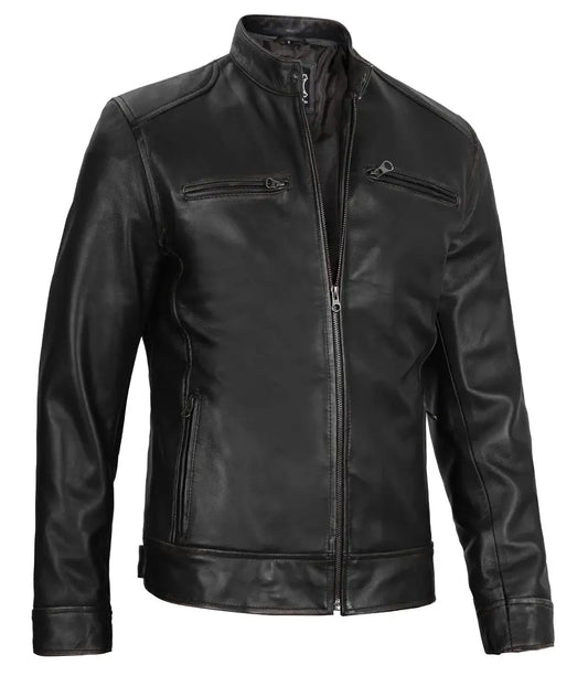 Dodge Men's Black Leather Cafe Racer Jacket