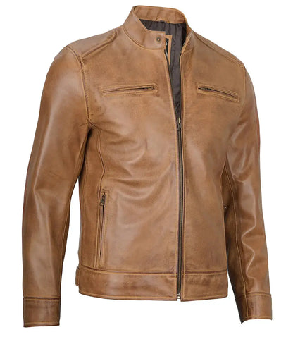 Dodge Men's Camel Leather Cafe Racer Jacket