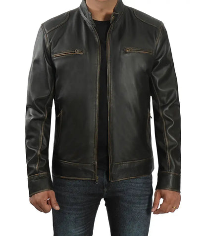 Dodge Tall Men's Rub-off Dark Brown Cafe Racer Leather Jacket