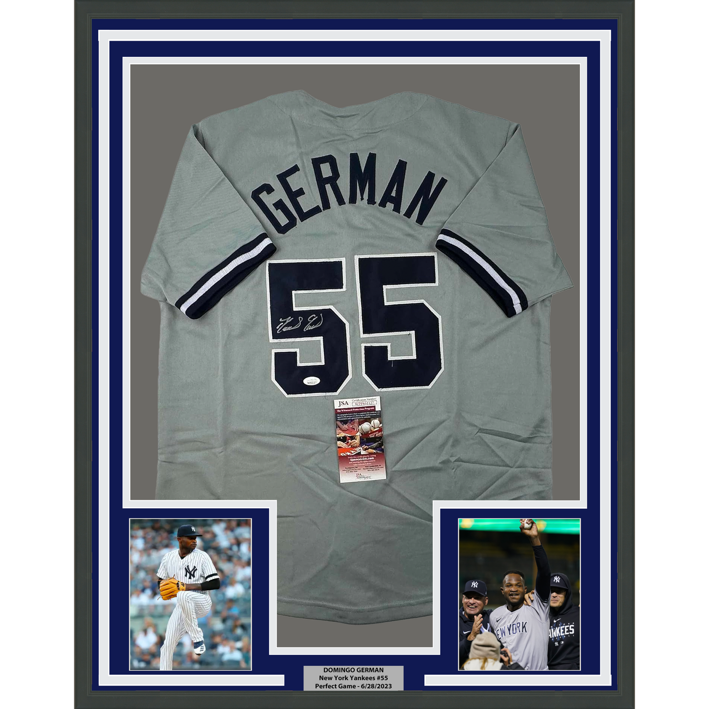 Framed Autographed/Signed Domingo German 35x39 New York Grey Baseball Jersey JSA COA
