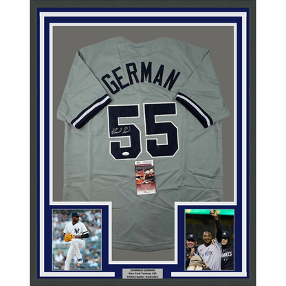 Framed Autographed/Signed Domingo German 35x39 New York Grey Baseball Jersey JSA COA