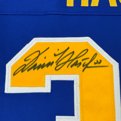 Framed Autographed/Signed Dominik Hasek 35x39 Buffalo Blue Hockey Jersey Beckett BAS COA